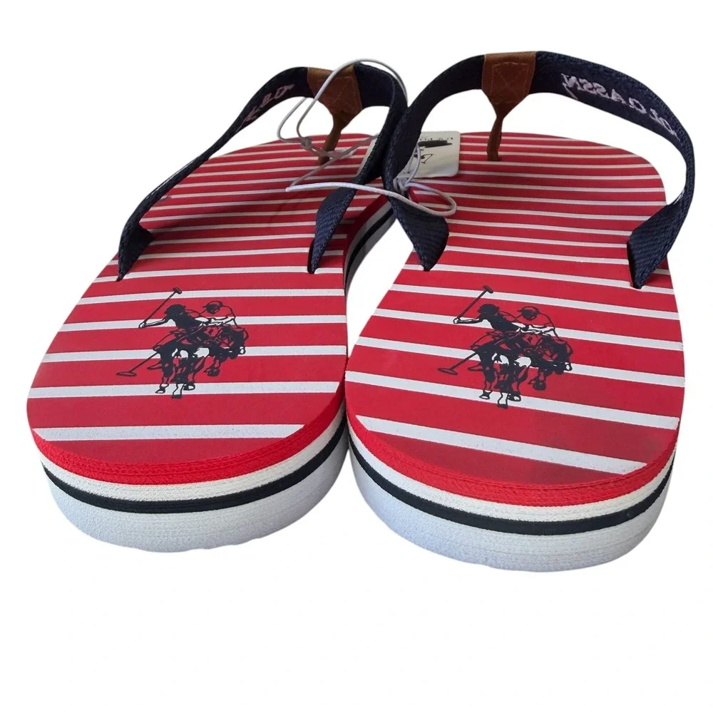 U.S. Polo Assn Womens Flip Flops Size 5-6 Red White Blue Nautical Striped NWT